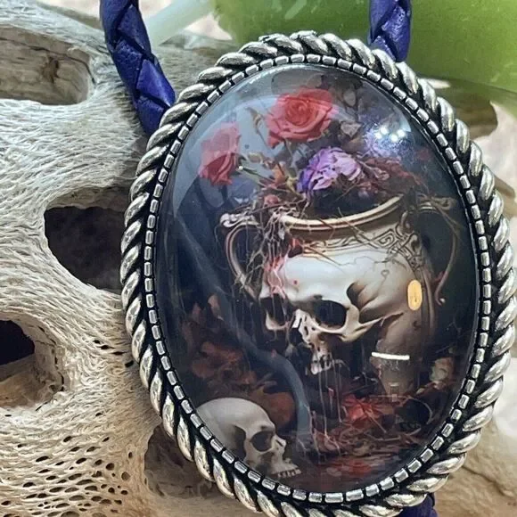 - Gothic Skull Rose Witch Leather Bolo Tie Lariat Necklace Wedding Purple Xmas - Picture 6 of 16